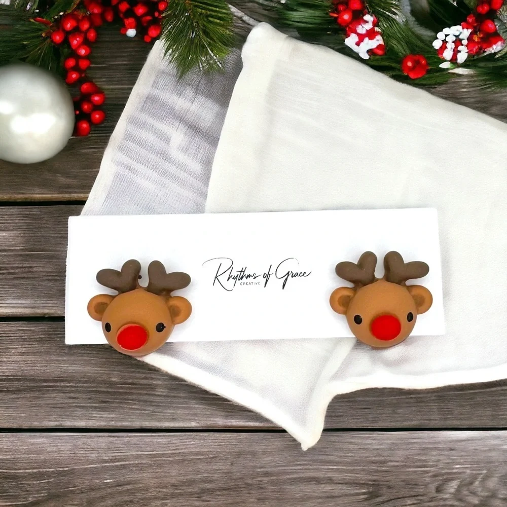 Set of 3 New Christmas Polymer Clay Clip-On Earrings - Santa, Reindeer, Snowman
